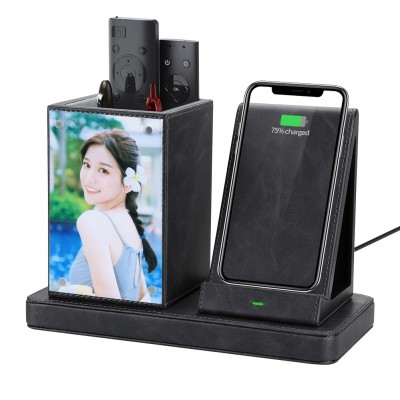 PU Leather 10W QI Standard Desk Organizer Holder Wireless Phone Charger