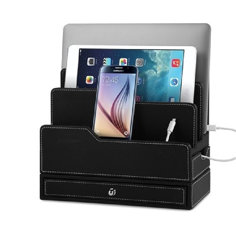 Leather USB organizer wood mobile charging station stand