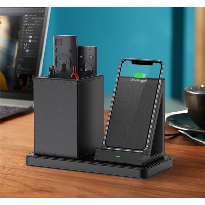 Leather Desk Organizer QI Standard Wireless Phone Charger Holder